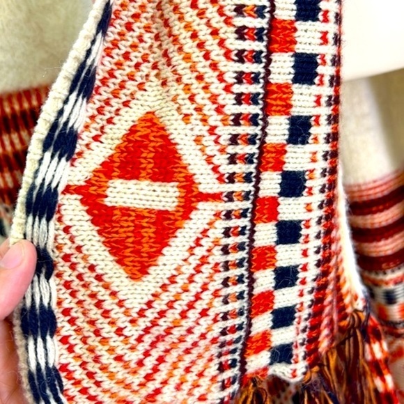 MAX SPORT - Ivory & Orange Long Boho Peruvian Fringe Beautiful Open Cardigan M - Picture 8 of 13